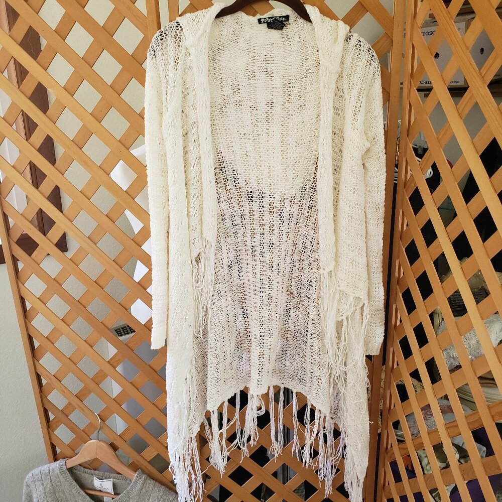Y2K Vtg. PLANET GOLD Crochet Cardigan Duster Coverup Open Front White S